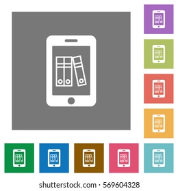 Mobile office flat icons on simple color square backgrounds