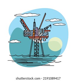 Mobile offshore drilling rig, production facility platform, extracting the oil and gas vector illustration.