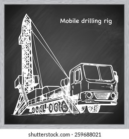Mobile oil drilling complex. EPS10 vector illustration in a sketchy style imitating scribbling on the blackboard.