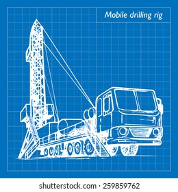 Mobile oil drilling complex. EPS10 vector illustration imitating blueprint style scribbling with white marker.