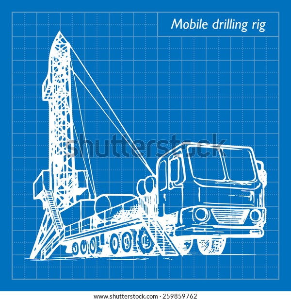 Mobile oil drilling\
complex. EPS10 vector illustration imitating blueprint style\
scribbling with white\
marker.