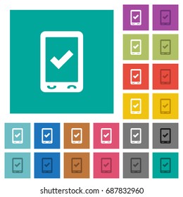 Mobile ok multi colored flat icons on plain square backgrounds. Included white and darker icon variations for hover or active effects.