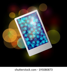 Mobile on dark background with bright lights and represents the mobile application trends with generic and technical web icon symbol on the touch screen