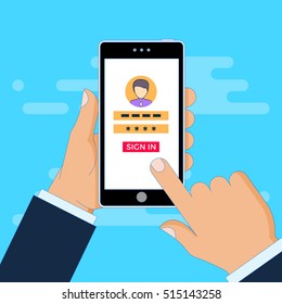 Mobile on hand Login Screen for mobile transfer, banking, social activities. Vector illustration