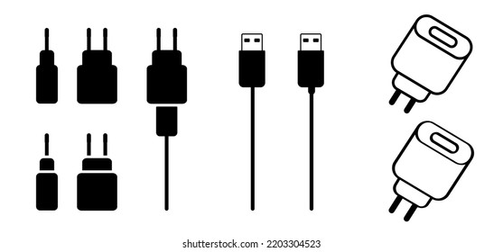 Móvil en el enchufe usb. Punto de carga de la batería, indicador de carga. Nivel de energía de la batería lleno de energía. Encienda las baterías de estado de bajo consumo. Carga vacía del nivel de carga.