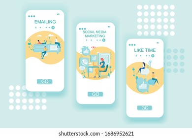 Mobile Onboard Screens with Social Media Mobile Application Design. Email and Digital Marketing in Network. Like Time for Receiving Feedback and Evaluation. People Using Phones. Vector Illustration