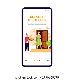 Mobile onboarding page design for delivery business service application with courier and customer cartoon characters, vector illustration isolated on white background.