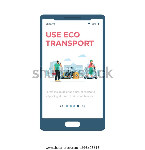 Mobile onboarding page for\
electric transport rental payment and renting station mobile\
application, flat vector illustration. Mobile app interface for eco\
transport.