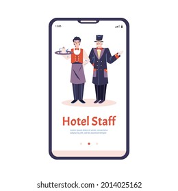 Mobile onboarding page with hotel staff male characters, flat vector illustration isolated on white background. Professional waiter and concierge on phone screen.