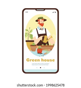 Mobile onboarding screen design on topic of green house with male cartoon character taking care of houseplants, flat vector illustration on white background.