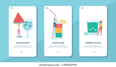 Mobile onboarding screen designs set with people making summer cocktails, flat vector illustration on white background. Bartenders making tasty refreshing cocktails.