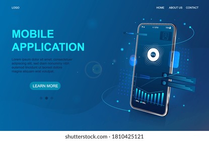 Mobile and online application development web page template showing oblique angle smartphone with on screen app and copyspace for text on blue, colored vector illustration