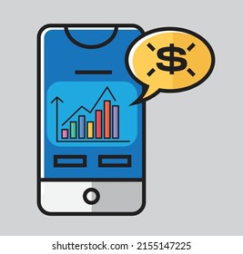 móvil en línea, gráfico de negocios dólar, barras, datos, análisis de datos. ilustración de vector ico