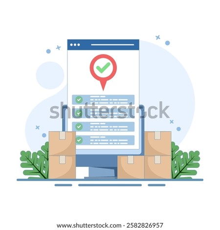 Mobile online cargo courier logistics concept for goods delivery service via city map, for postal warehouse delivery. Package tracking technology. Flat cartoon design illustration.