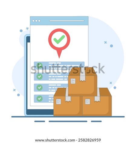 Mobile online cargo courier logistics concept for goods delivery service via city map, for postal warehouse delivery. Package tracking technology. Flat cartoon design illustration.