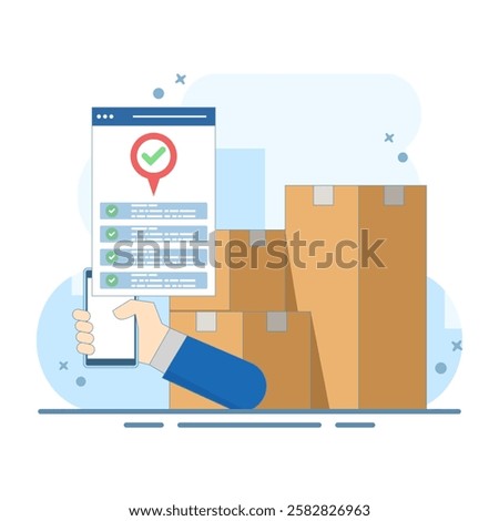 Mobile online cargo courier logistics concept for goods delivery service via city map, for postal warehouse delivery. Package tracking technology. Flat cartoon design illustration.