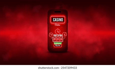 Mobile online casino banner with button. Smartphone, casino slot machine, poker chips in smoky red  background. Vector illustration