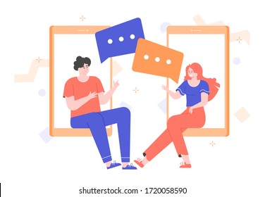 Mobile online communication concept illustration. The girl and the guy in smartphones are chatting. Message icons. Online date and distance conversation. Vector flat illustration.