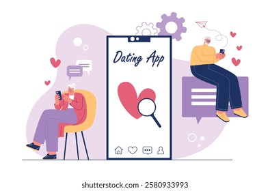 Mobile online dating process. Cute elderly couple meets in app, love and communication on internet, people with phones, vector illustration