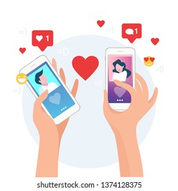 Mobile Online Dating Service Application. Hands Holding Smartphone with Man and Woman Profiles Romance App. Social Relationship Communication. Flat Cartoon Vector Illustration