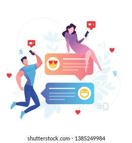 Mobile Online Dating Service Application. Man and Woman Profiles Romance App. Social Relationship Communication. Flat Cartoon Vector Illustration