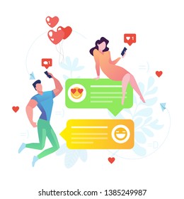 Mobile Online Dating Service Application. Man and Woman Profiles Romance App. Social Relationship Communication. Flat Cartoon Vector Illustration