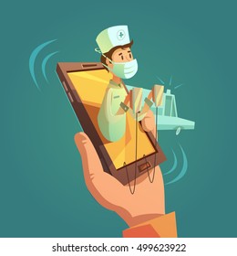 Mobile online doctor concept with mobile phone in hand cartoon vector illustration