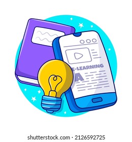 Mobile Online education learning with colored hand drawn of smartphone, book and light bulb