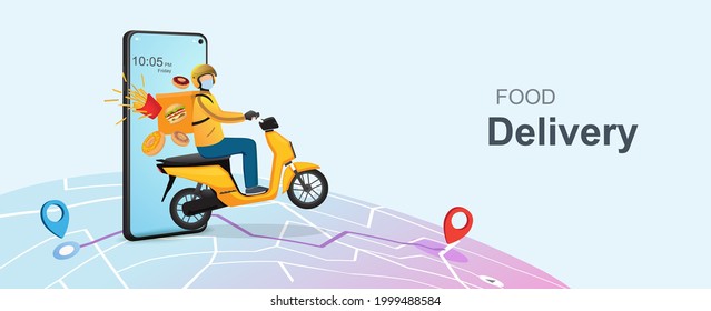 Mobile online food delivery concept. Delivery package with electric scooter. Online order tracking with online maps. Vector illustration