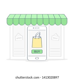 Mobile online internet shop, shop window, storefront and smartphone ahead of it with purchase bag on the display. E-commerce flat line vector concept on white. Premium quality, isolated editable icon.