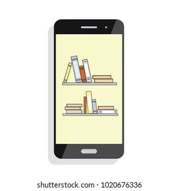 Mobile online, library. Book e-shop. E-book concept. Bookshelf with books in the phone display.