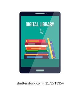 Mobile online, library in the smartphone. Book online store. E-book concept.plan vector illustration