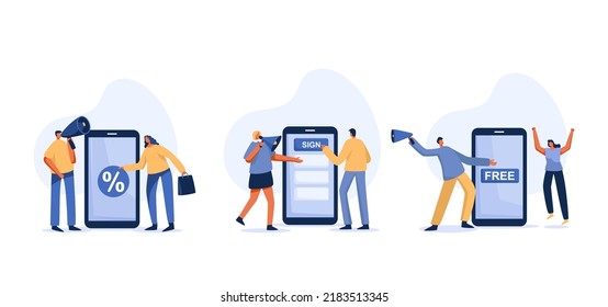 Mobile online marketing. Social media promotion. Communicate with audience, sending advertising emails. Promotion sale. Vector illustration