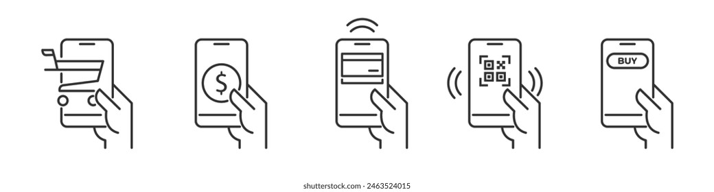 Conjunto de iconos de pago móvil en línea. Iconos de pago móvil sin efectivo. Ilustración vectorial.