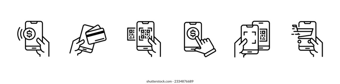 mobile online payment line icon vector set smartphone to transfer money with code symbol outline illustration