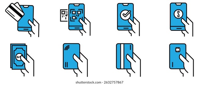 mobile online payment line icon vector set smartphone to transfer money with code symbol outline illustration. stock vector. 