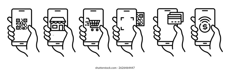 mobile online payment and mobile online shop icon, containing hand holding smartphone , mobile online payment, mobile online transfer, Vector illustration.