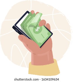 Mobile online payments concept. Human hand holds smartphone with dollar bills. Isometric electronic bill, financial transaction, mobile banking.