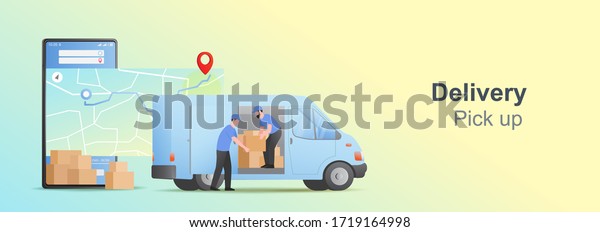 Mobile online pickup and delivery concept.\
Online order tracking on mobile. Delivery package with van.\
E-commerce Vector\
illustration