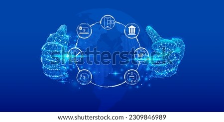 Mobile online security concept with futuristic digital low poly hand hold the world of business, shopping, payment, credit card, transfer pay protection icon vector.