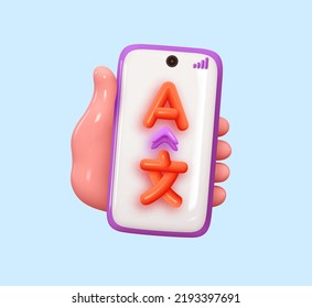 Mobile Online Service Translation. App Language Translator. Realistic 3d Concept Design Mobile Phone In Hand. Vector Illustration