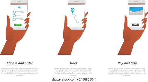 Mobile online shop app onboarding screens. Stock market trades, revenue and sales growth, online payment. Delivery service banner, mobile app templates, concept vector illustration flat design.