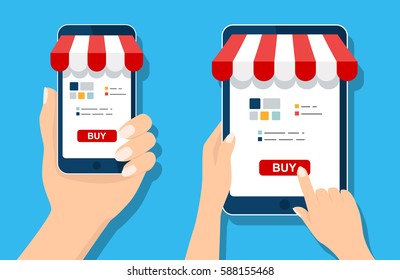 Mobile and online shop concept. Hand holding and Touch on tablet. Digital Marketing, store, Ecommerce shopping. Striped awning, phone screen buy. Vector cartoon flat illustration for web,  website app