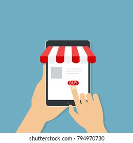 Mobile and online shop concept. Hand holding and Touch on tablet. Digital Marketing, store, Ecommerce shopping. Striped awning, phone screen buy. Vector cartoon flat illustration for web, mobile app