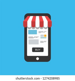 Mobile and online shop concept. Shop in Smartphone. Digital Marketing, store, Ecommerce shopping. Striped awning, phone screen buy. Vector cartoon flat illustration for web, website, app - Vector
