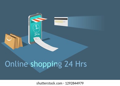 mobile online shop store open 24 hours,isometric design vector,card eCommerce buy sell and payment pass internet on app mobile smartphone ,technology marketing concept,vector art and illustration.