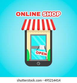 Mobile online shop vector flat icon illustration. E-commerce, digital market, online purchase, online shopping, mobile app, for your personal or commercial use concept