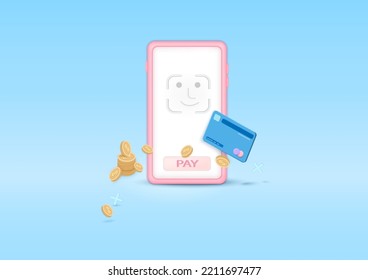 Mobile Online shopping 3d vector illustration. Mobile face id payment isometric vector. Electronic banking id security system app concept. pay money or online payment. Minimal cartoon. 