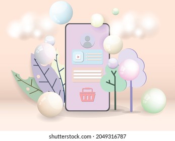 La decoración de la interfaz de la aplicación de compras en línea móvil con un elemento lindo pastel.Ilustraciones vectoriales.