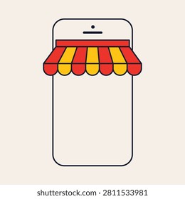 Mobile online shopping application with storefront on smartphone illustration flat vector isolated on white background ecommerce retail business concept design